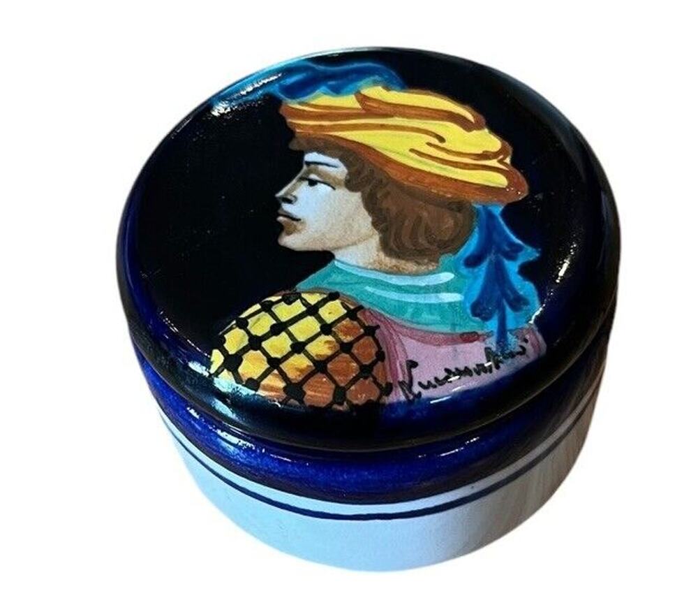 Ceramiche D’Arte Sorrentino Trinket Box Lid VTG Man Hat Hand Painted Signed 2”